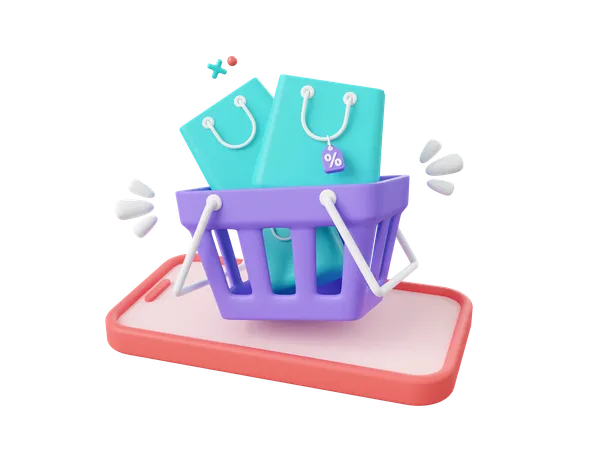 3 D Cartoon Design Illustration Of Shop Smartphone And Shopping Cart Shopping Bags With Discount Tag Shopping Online On Mobile Concept 3D Icon