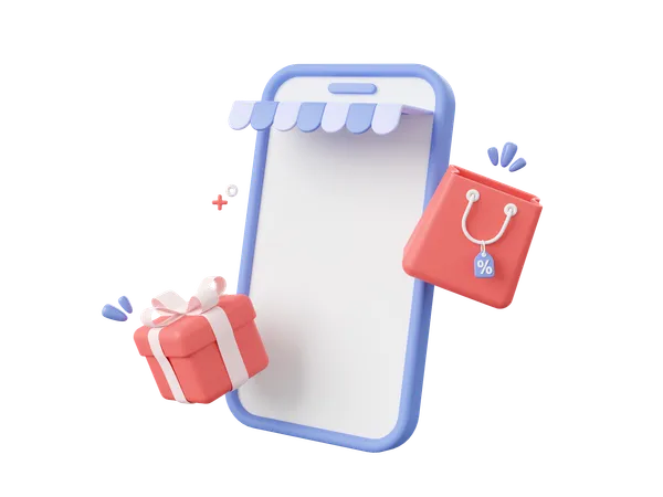3 D Cartoon Design Illustration Of Smartphone With Shopping Bag And Gift Box Shopping Online On Mobile Concept 3D Icon