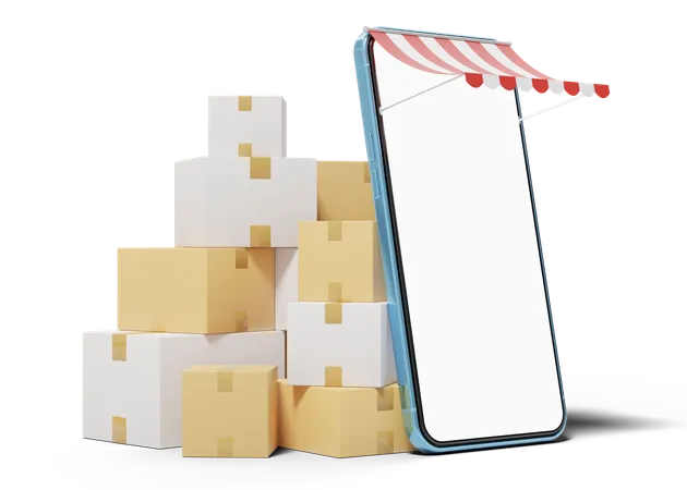 3 D Smartphone With Awning On Transparent Pile Of Stacked Cardboard Boxes Mobile Phone With Blank White Screen Store Front Delivery Express Shipping Concept Cartoon Icon Minimal 3 D Render 3D Icon