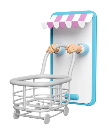 3 D Mobile Phone Smartphone With Store Front Hand Pushing A Shopping Carts Isolated Online Shopping Concept 3D Icon