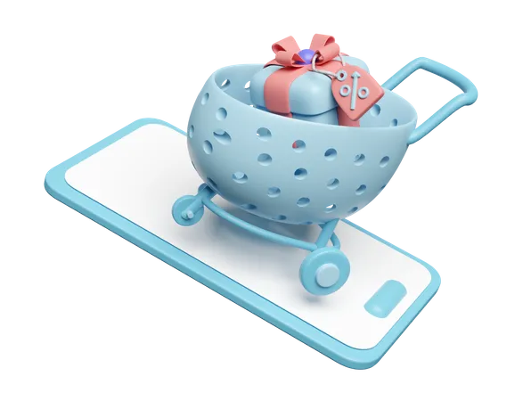 3 D Mobile Phone Smartphone With Shopping Carts Basket Gift Box Isolated Online Shopping Concept 3D Icon