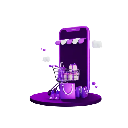 Mobile Smartphone With Shopping Cart 3 D Illustration 3D Icon