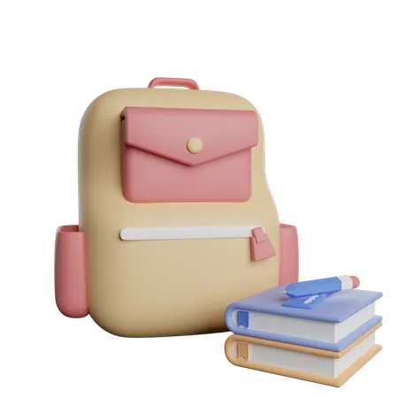 Mochila escolar e livros  3D Illustration