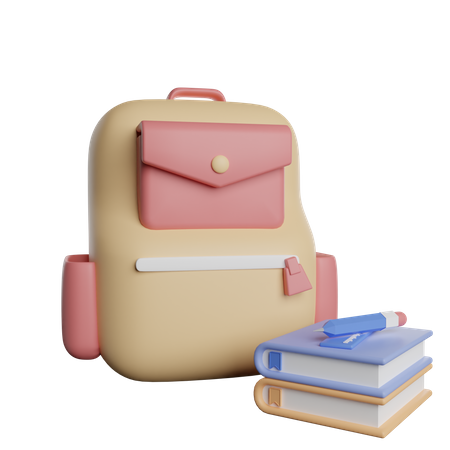 Mochila escolar y libros  3D Illustration