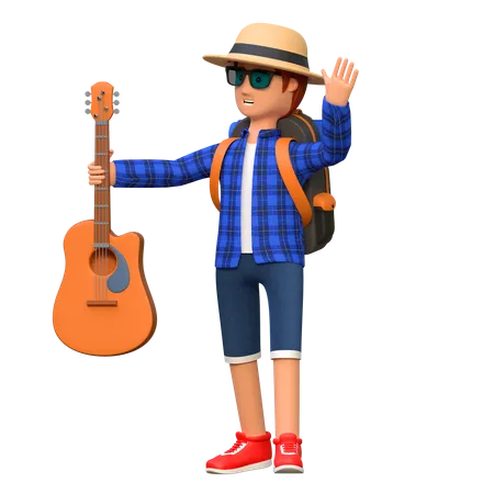 Mochileiro viajando com guitarra  3D Illustration
