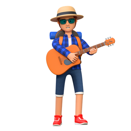 Mochilero tocando la guitarra  3D Illustration