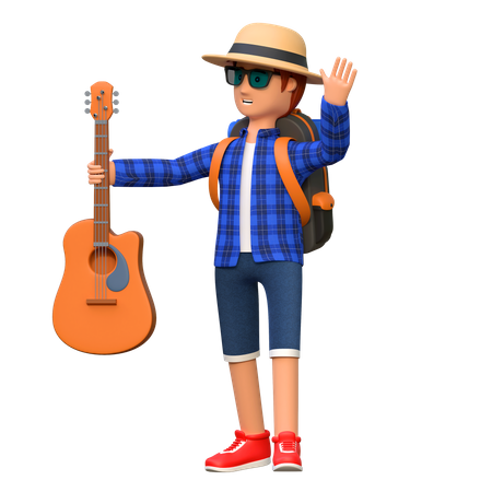 Mochilero viajando con guitarra.  3D Illustration