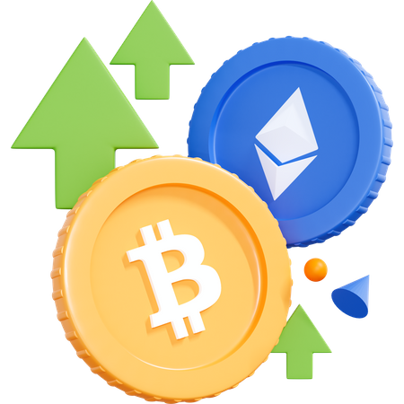 Moedas Bitcoin e Ethereum com seta verde para cima  3D Icon