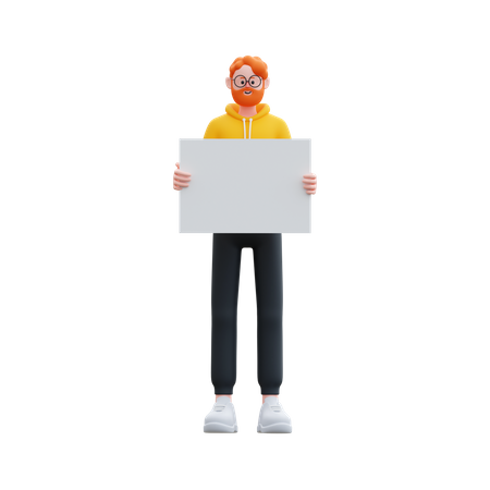 Homem com capuz segurando um quadro em branco  3D Illustration