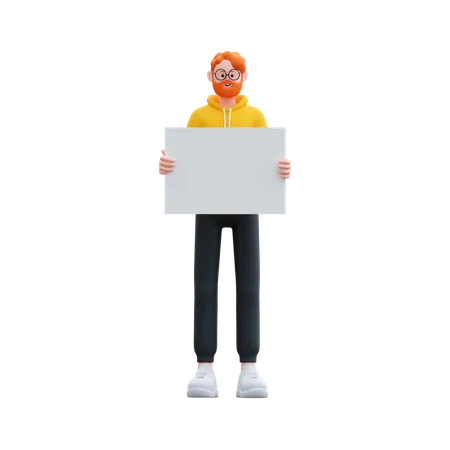 Homem com capuz segurando um quadro em branco  3D Illustration