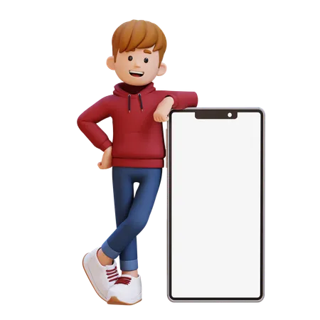 Menino com capuz em pé com um grande smartphone com tela vazia  3D Illustration