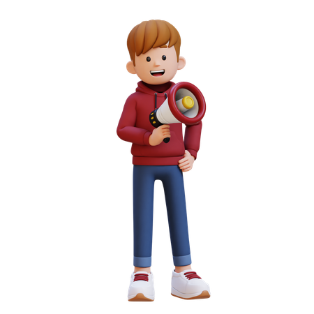 Menino com capuz segurando megafone  3D Illustration