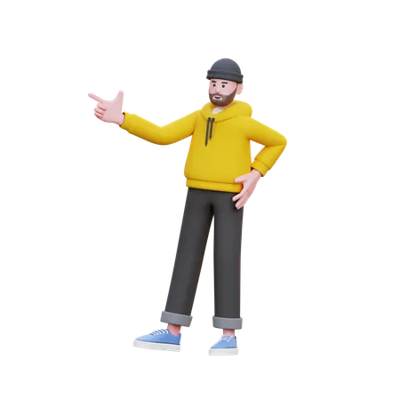 Homem com capuz apontando para o lado esquerdo  3D Illustration