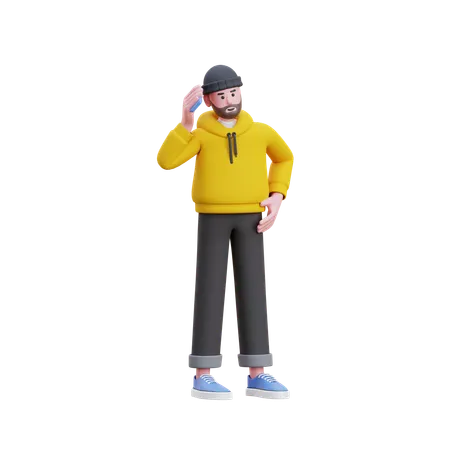 Homem com capuz ligando no celular  3D Illustration
