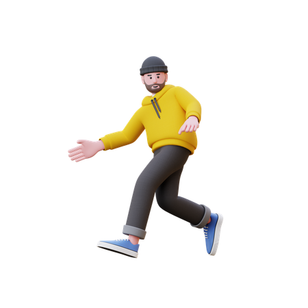 Homem com capuz correndo com a mão aberta  3D Illustration