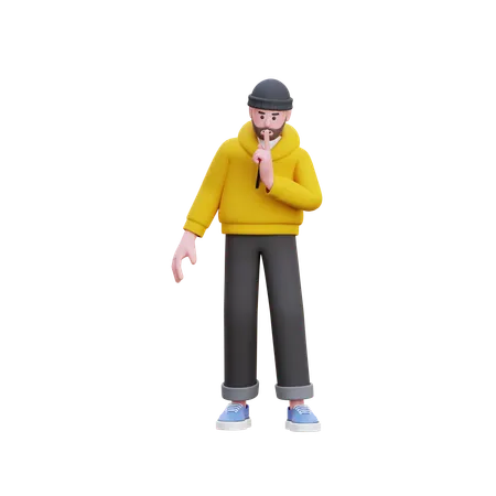 Homem com capuz fazendo sinal silencioso  3D Illustration