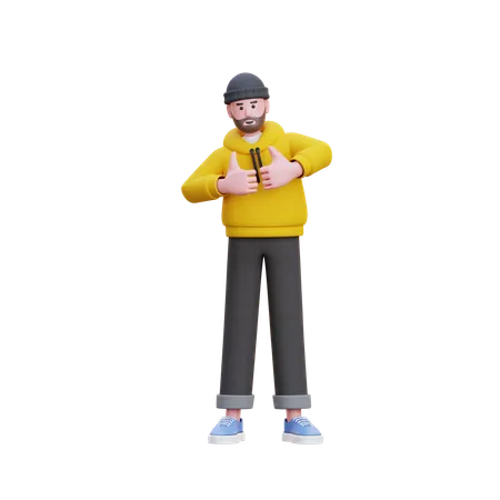 Homem com capuz mostrando dois polegares para cima  3D Illustration