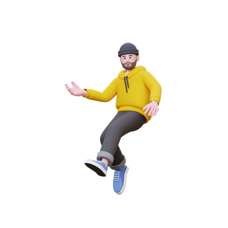 Homem com capuz pulando com a mão aberta  3D Illustration