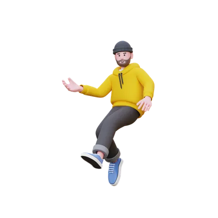 Homem com capuz pulando com a mão aberta  3D Illustration