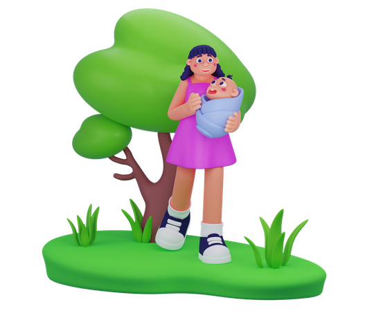 Mom Playing With Newborn Toddler  3D Illustration