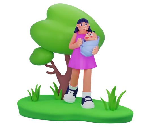 Mom Playing With Newborn Toddler  3D Illustration