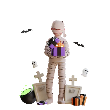 Momia aterradora con regalo de Halloween  3D Illustration