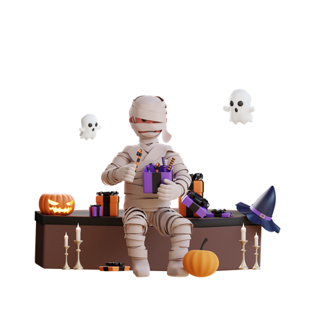 Momia con chocolates de halloween  3D Illustration