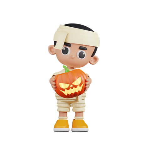 Momia sosteniendo calabaza de Halloween  3D Illustration