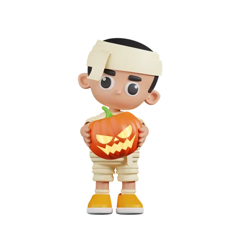 Momia sosteniendo calabaza de Halloween  3D Illustration