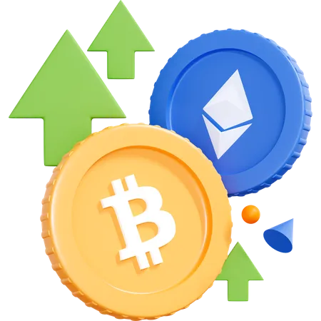 Monedas Bitcoin y Ethereum con flecha verde hacia arriba  3D Icon