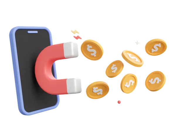 3 D Cartoon Design Illustration Of Smartphone With Magnet Attracts Gold Coins Investment Concept 3D Icon