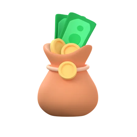 Money Bag Containing Gold Coins And Banknotes Money Collection Concept 3D Icon