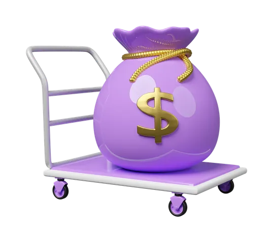 Money Bag On Warehouse Trolley Icon 3 D Platform Trolley Isolated Investment Or Business Finance Loan Concept 3 D Render Illustration 3D Icon