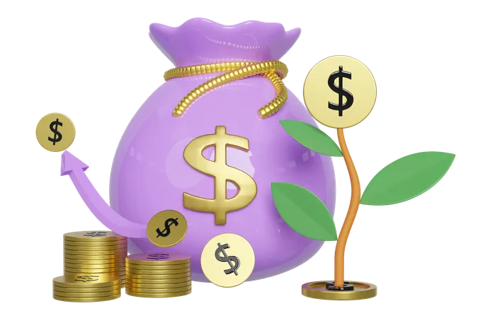 3 D Money Bag With Gold Coins Pile Tree Graph Arrow Isolated Financial Success And Growth Or Saving Money Concept 3 D Render Illustration 3D Icon