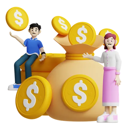 この 3 D アイコンには、ドル硬貨が溢れる大きなお金袋の横に立っている 2 人の人物が描かれており、富、貯蓄、投資を象徴しています。 3D Icon