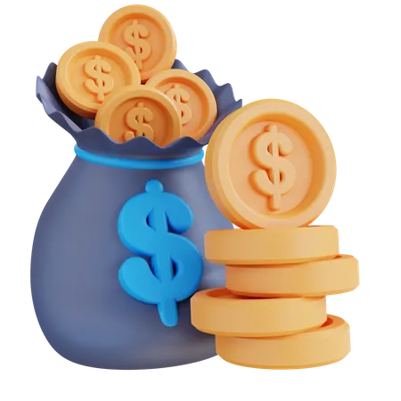 3 D Illustration Of Money Bag And Pile Of Money 3D Icon