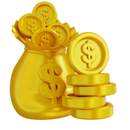 3 D Illustration Of Money Bag And Pile Of Money 3D Icon