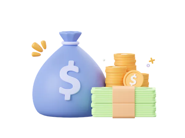 3 D Cartoon Design Illustration Of Money Bag Dollar Coin And Banknote Money Savings Concept 3D Icon