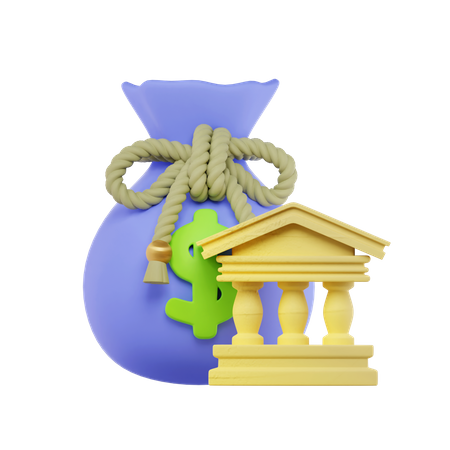 Money Bag And Bank Building  3D Icon