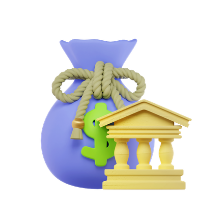 Money Bag And Bank Building 3D Icon