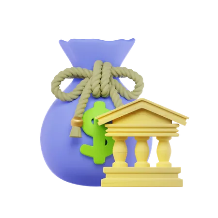 Money Bag And Bank Building  3D Icon