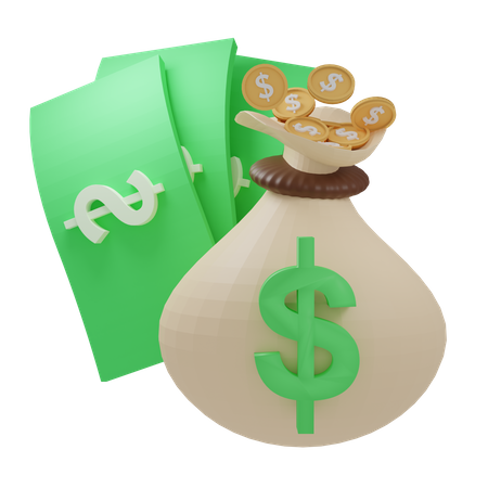 Money bag and dollars 3D Icon
