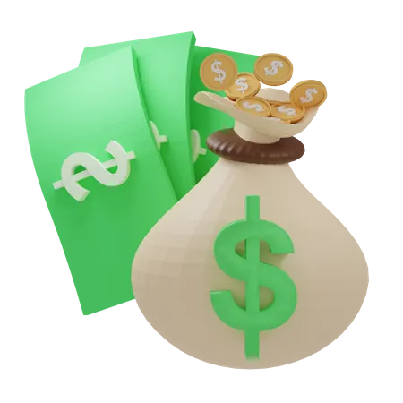 Money bag and dollars  3D Icon
