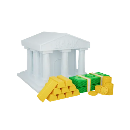 3 D Rendering Bank Money And Gold Bars Isolated Useful For Business And Finance Design Illustration 3D Illustration
