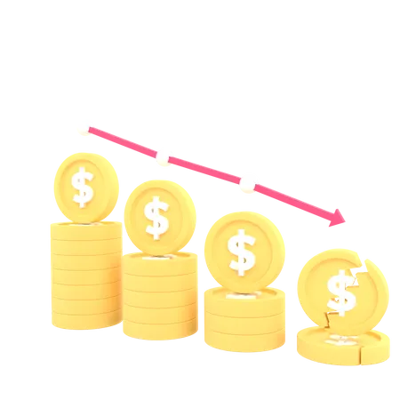 3 D Pile Of Gold Coins And Red Arrows Plummeting The Concept Of Business Failure Of A Pile Of Coins On Transparent Background 3 D Rendering 3D Icon