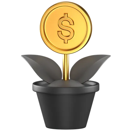 3 D Icon Of A Black Pot And Plant With Golden Dollar Coin As The Flower 3D Icon