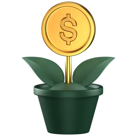 3 D Icon Of A Green Pot And Plant With Golden Dollar Coin As The Flower 3D Icon