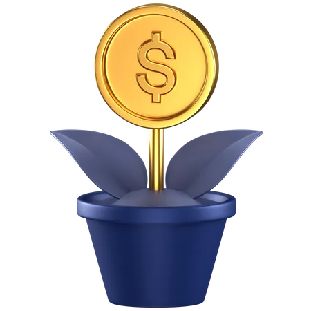 3 D Icon Of A Blue Pot And Plant With Golden Dollar Coin As The Flower 3D Icon