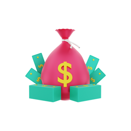 Money sack with stacked dollar bills  3D Illustration