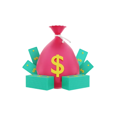 Money sack with stacked dollar bills  3D Illustration